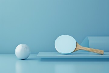 Table tennis paddle and ball against a blue backdrop, simple 3D sports concept Make a render, Generative AI.
