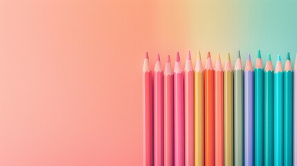 Colorful pencils in a vertical arrangement, soft pastel gradient background, flat lay composition,...