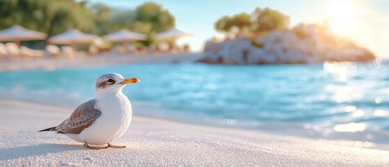 A seagull standing on a sandy beach next to the ocean