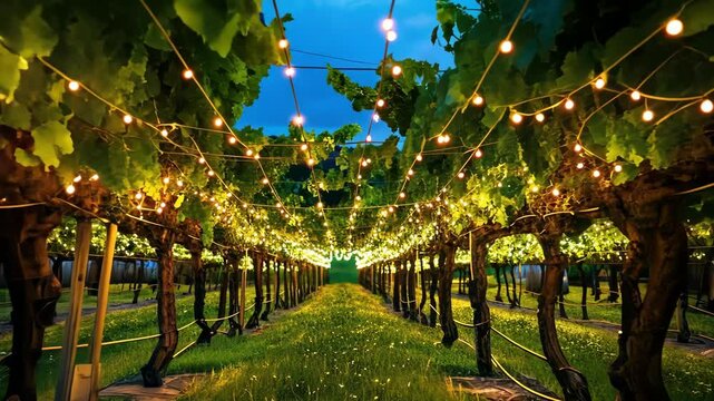 Wine Harvest Festival in a sun-drenched vineyard with grapevines, twinkling lights, and aged barrels