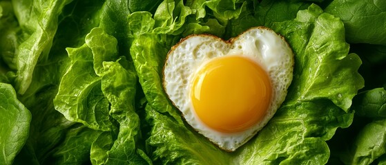 A heart shaped fried egg on a bed of lettuce