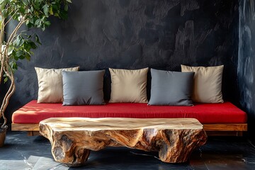 Wood log coffee table near rustic sofa with red cushion and grey and beige pillows against black stucco wall. Japandi home interior design of modern living room with