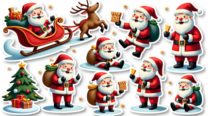 Fototapeta premium Charming Santa Stickers Depicting His Joyous Journey Through the Winter Wonderland