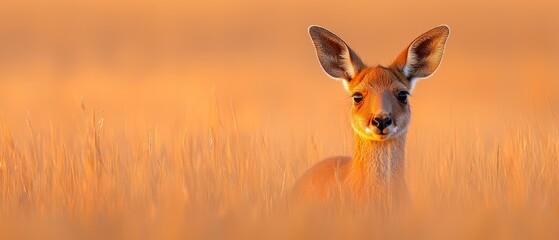 A small antelope standing in a field of tall grass