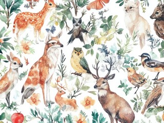Watercolor pattern with a woodland design, featuring forest animals and nature motifs. Woodland creatures in the wild. Illustration for nursery, wallpaper