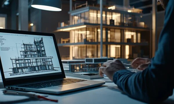 Architect Designing Modern Building with Laptop and Model