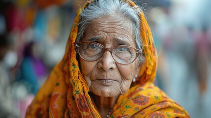 Fototapeta premium Against vibrant backgrounds, a dignified grandma's peaceful smile radiates with the serenity and fulfillment of a life well-lived