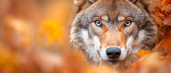 Fototapeta premium A close up of a wolf's face surrounded by leaves
