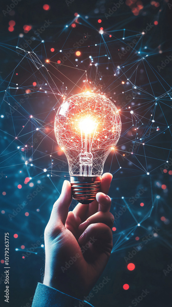 Poster businessman with illuminated light bulb symbolizing innovative idea and worldwide network connection