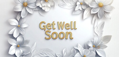 A modern, minimalist greeting card design with a clean white background, featuring a soft gold "Get Well Soon" message in elegant typography, surrounded by delicate floral accents.
