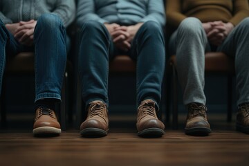 People sitting together in a waiting area with various footwear styles