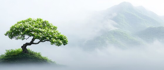 A lone tree on a small island in the middle of a foggy mountain