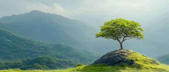 A lone tree on top of a hill in the mountains