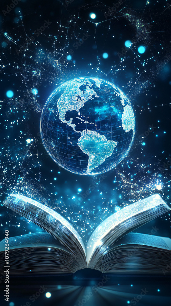 Poster open book creating digital planet earth with network connection, big data, and abstract futuristic n