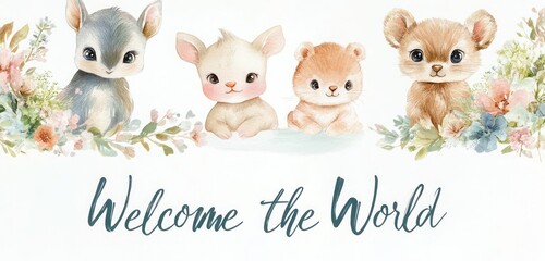 A New Baby card with soft pastel colors and cute baby animals, featuring a sweet "Welcome to the World" message in soft script.