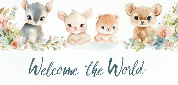 A New Baby card with soft pastel colors and cute baby animals, featuring a sweet "Welcome to the World" message in soft script.