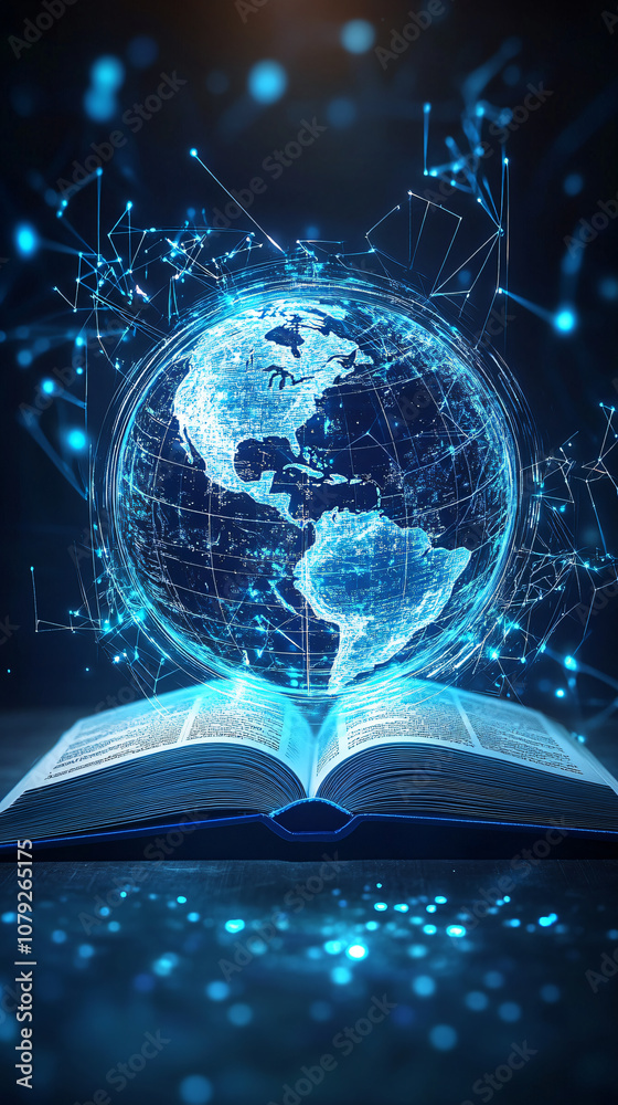 Poster planet earth hologram spinning over an open book, representing global learning, knowledge, and acces