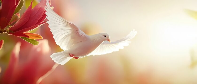A white dove flying through the air next to a flower