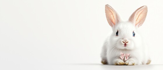 Obraz premium A white rabbit with a pink bow sitting on a white surface