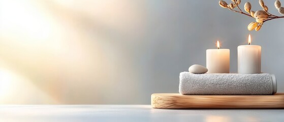 Two white candles sitting on top of a stack of towels