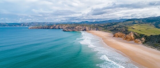 Fototapeta premium A view of a beach with a body of water and mountains in the background