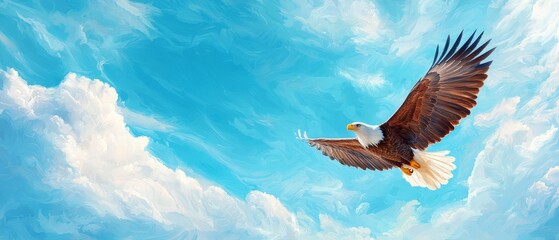 Fototapeta premium A bald eagle flying through a blue sky with white clouds