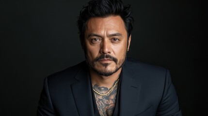 Fototapeta premium A man dressed in a suit poses confidently against a dark background