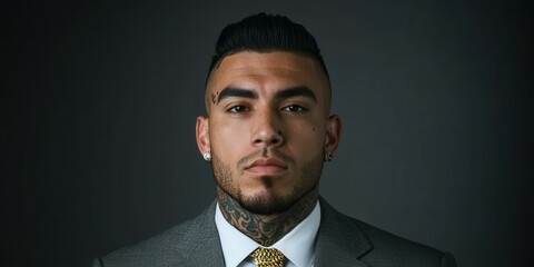 Confident man in tailored suit poses against dark backdrop in studio