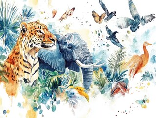 Obraz premium Wildlife Watercolor: African Animals and Nature Elements