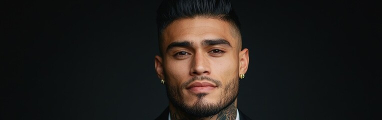 Obraz premium Stylish young man with tattoos poses confidently against a dark background