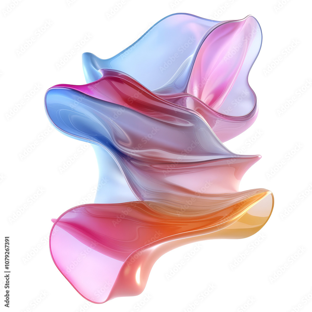Poster multicolored flowing abstract design featuring iridescent transparent hues in soft curves and shapes
