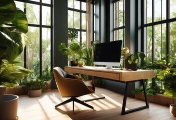 tranquil nature inspired workspace soothing greenery elements boost creativity enhance focus escape from daily distractions, plants, decor, light, wood