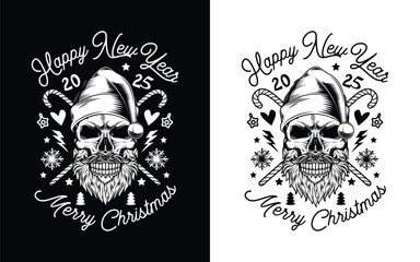 Skull with beard and mustache in Santa Claus hat. Christmas and New Year poster. Original vector illustration in vintage style. T-shirt design.