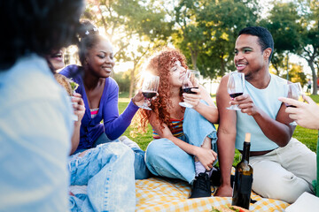Fototapeta premium Friends dinner, Group of people celebrating with wine outside city at picnic party. Young diverse friends eat and drink together