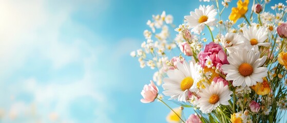 Fototapeta premium A bouquet of flowers in a vase against a blue sky