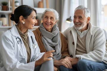 Fototapeta premium Elderly Couple Engage in Conversation with Female Caregiver for Health Check-up in Nursing Home Living Room