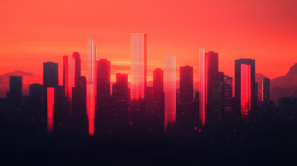Fototapeta premium Cityscape glowing red during sunset: urban economic growth vision