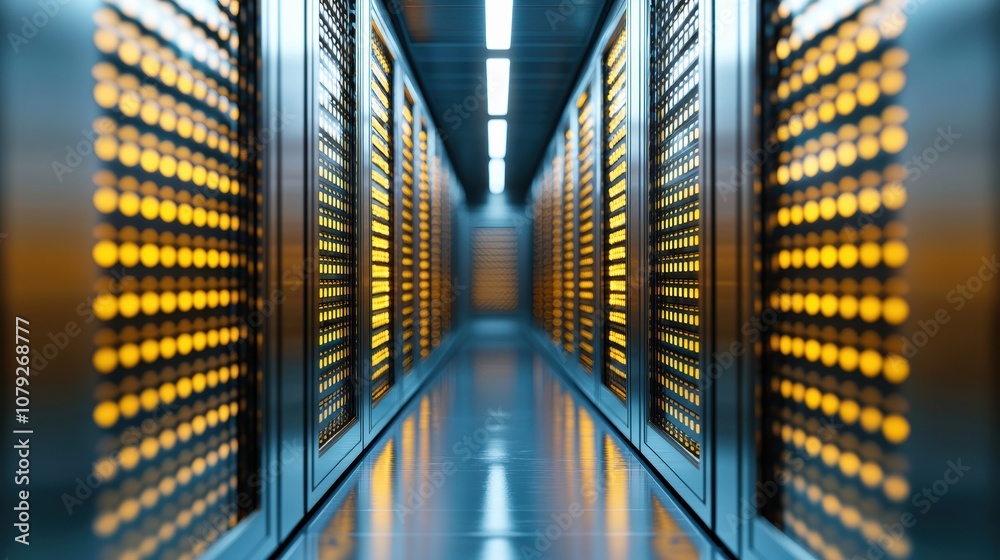 Poster Server room maintaining network connectivity with glowing lights: data center technology