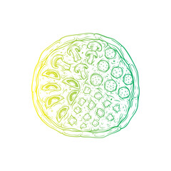 Large round assorted pizza with mushrooms, cheese, salami and tomatoes. Original vector illustration in vintage style.