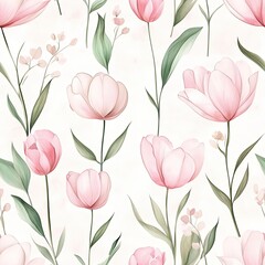 Obraz premium A delicate floral pattern featuring soft pink tulips and green leaves on a light background, perfect for spring-themed designs.