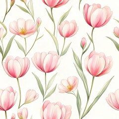A delicate floral pattern featuring various pink tulips on a soft white background, evoking a fresh and serene atmosphere.