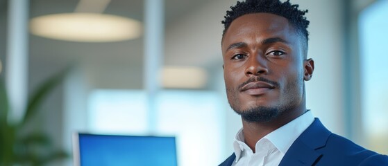 A man in a blue suit standing in front of a computer