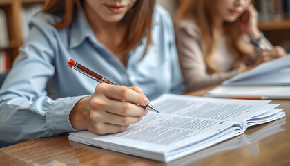 Professional school or college teacher grades a homework exam papers of students. Woman checks essay, crosses wrong words, corrects it with red pen isolated with white highlights, png