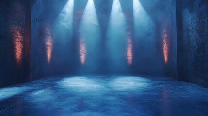 Blue and Orange Spotlights in a Dark Concrete Room - 3D Illustration