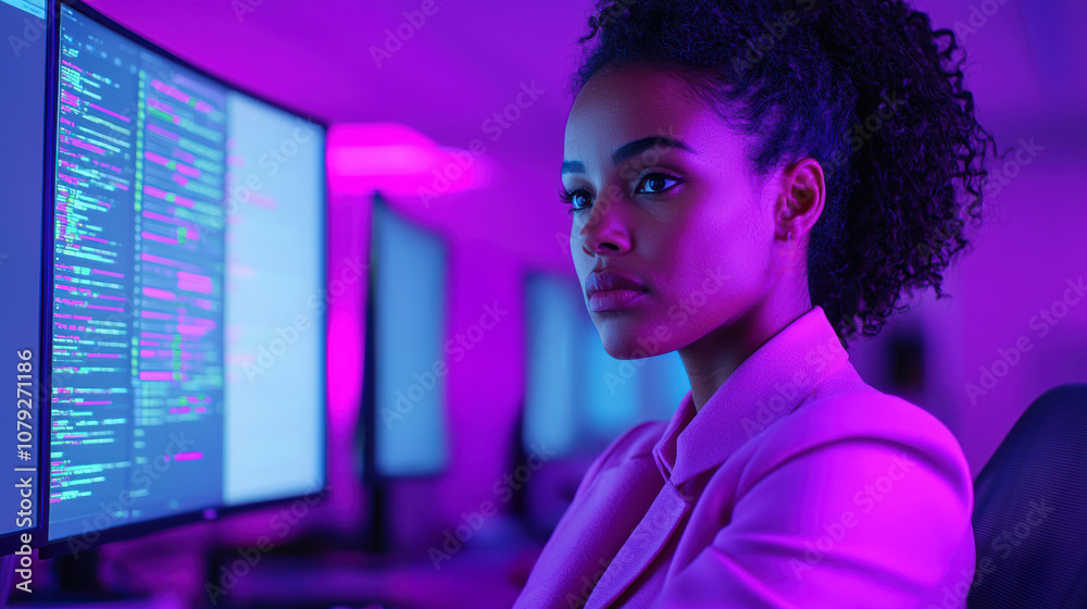 Aufkleber Focused software engineer analyzing code on computer screen in modern office