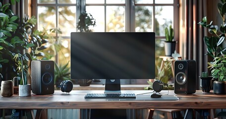 With a blank monitor, keyboard, mouse, speakers, and headphones, this modern, realistic workspace is equipped. At-home workspace close to the window, Generative AI.