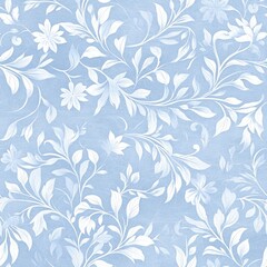 A delicate floral pattern in white on a soft blue background, featuring intricate leaves and blossoms.