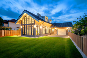 Exterior of illuminated house, at evening, blue cloudy sky. 