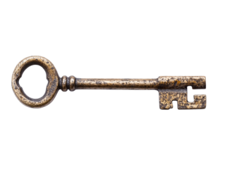 Old rusty brass key isolated over transparent background, PNG cut-out