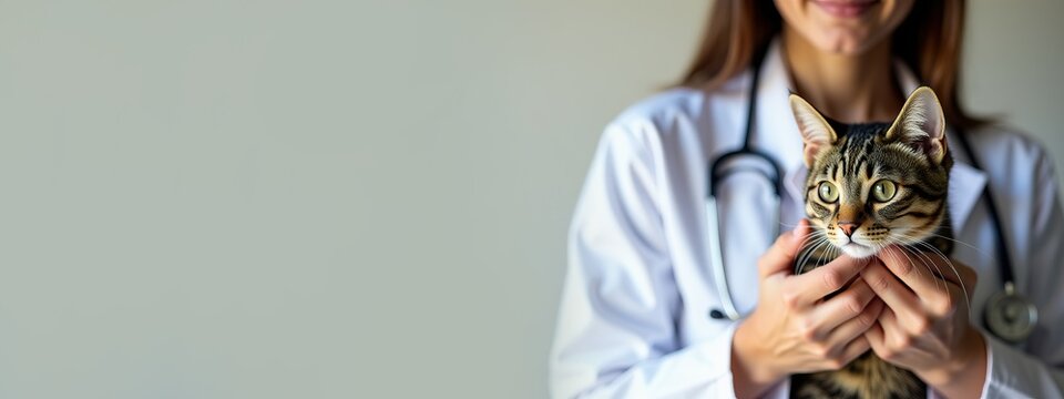 Female vet with a tabby cat, ideal for pet care banner